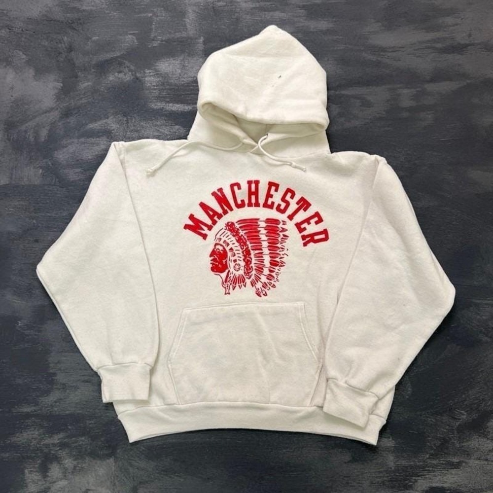 Vintage Manchester Hoodie Mens Small White 1970s USA Indian Head